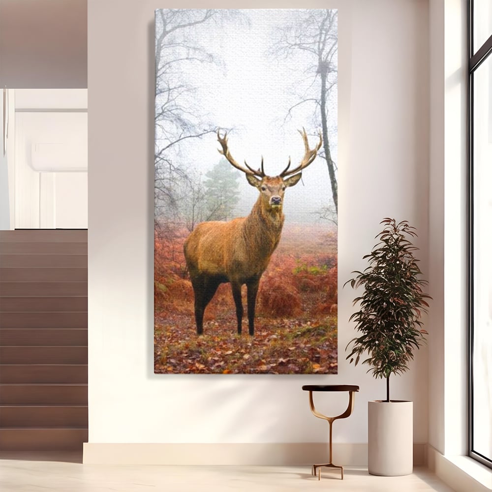 Tablou canvas cu tablou canvas cu cerb in padure cu ceata, fara rama, pe sasiu de lemn